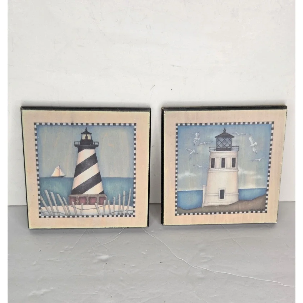 Beth Logan Lighthouse Wall Art Plaques Set of 2 Coastal Nautical Decor 7x7